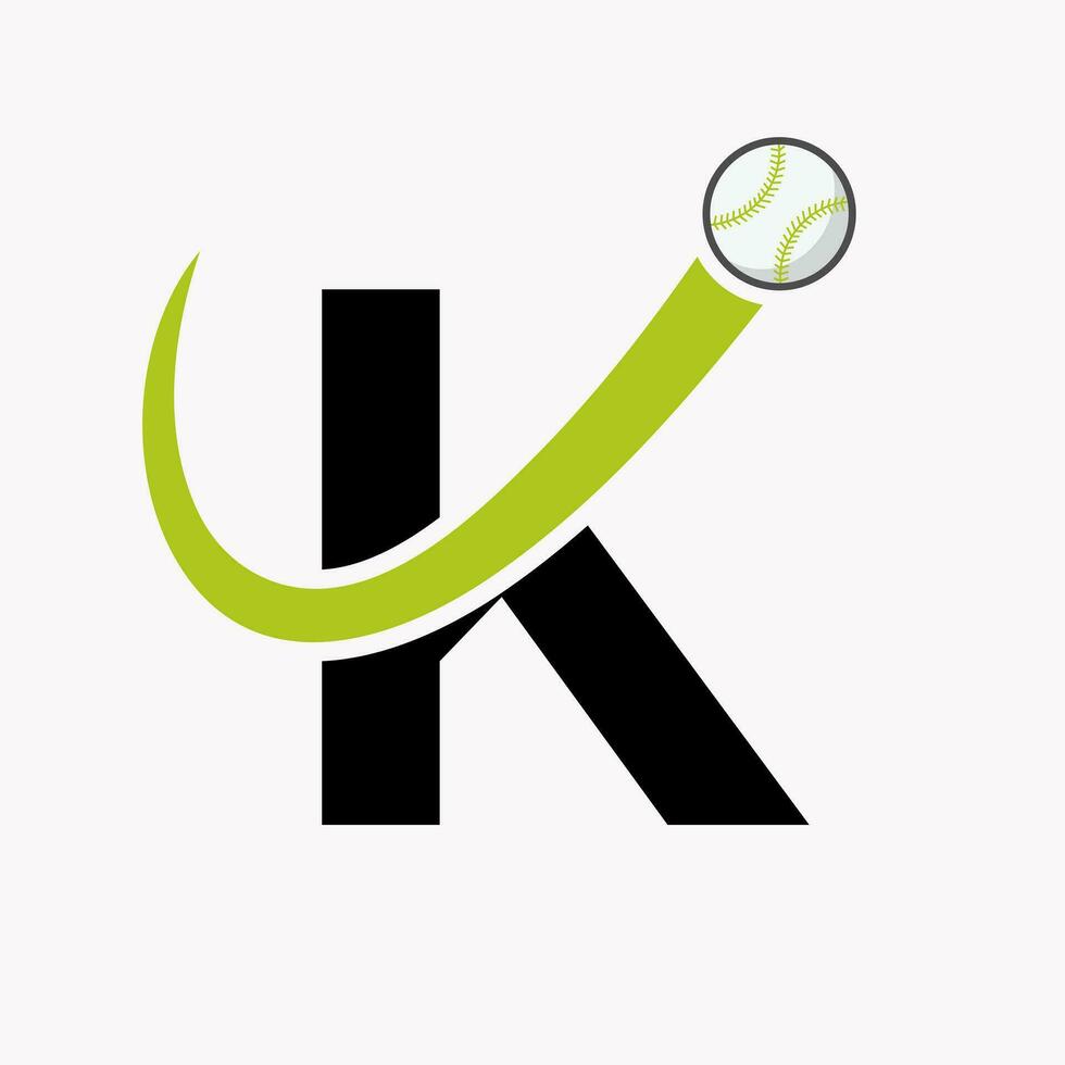 concepto de logotipo de béisbol de letra k con plantilla de vector de icono de béisbol en movimiento
