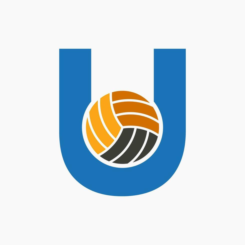 Letter U Volleyball Logo Concept With Moving Volley Ball Icon. Volleyball Sports Logotype Template vector