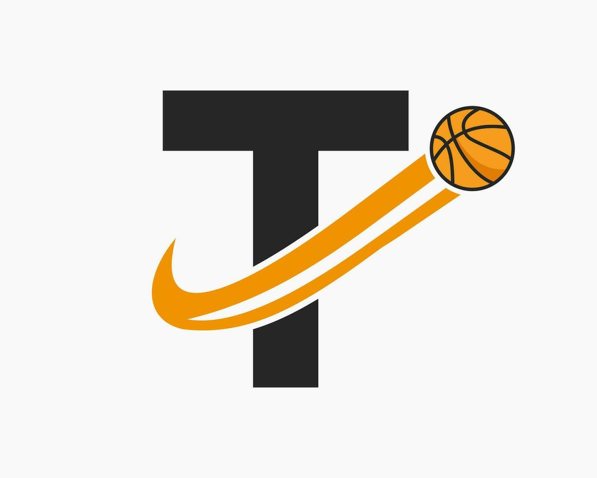 Initial Letter T Basketball Logo Concept With Moving Basketball Icon. Basket Ball Logotype Symbol vector