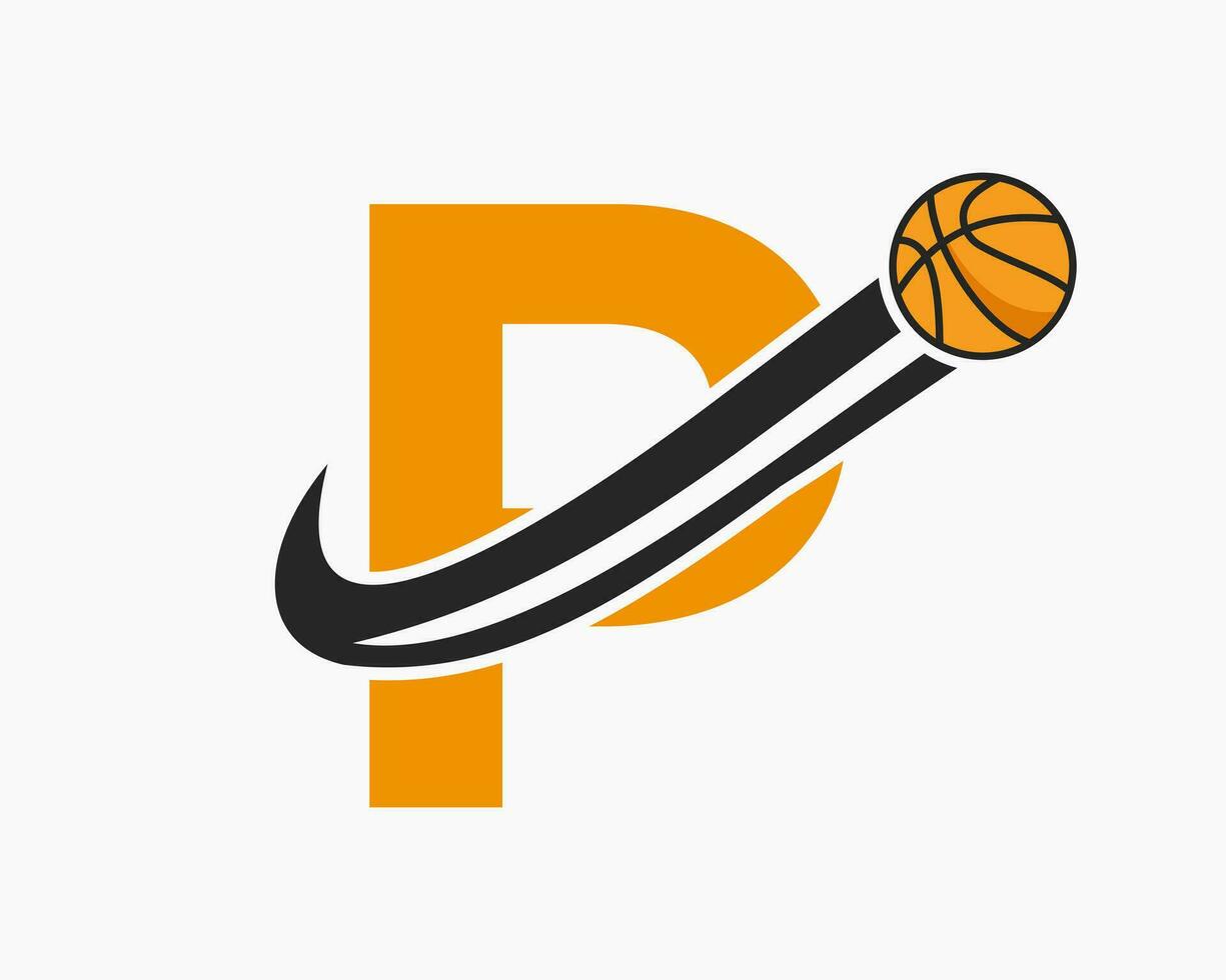 Initial Letter P Basketball Logo Concept With Moving Basketball Icon. Basket Ball Logotype Symbol vector