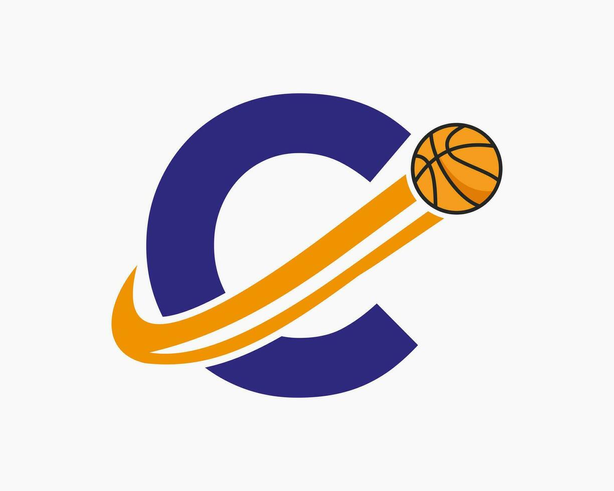 Initial Letter C Basketball Logo Concept With Moving Basketball Icon. Basket Ball Logotype Symbol vector