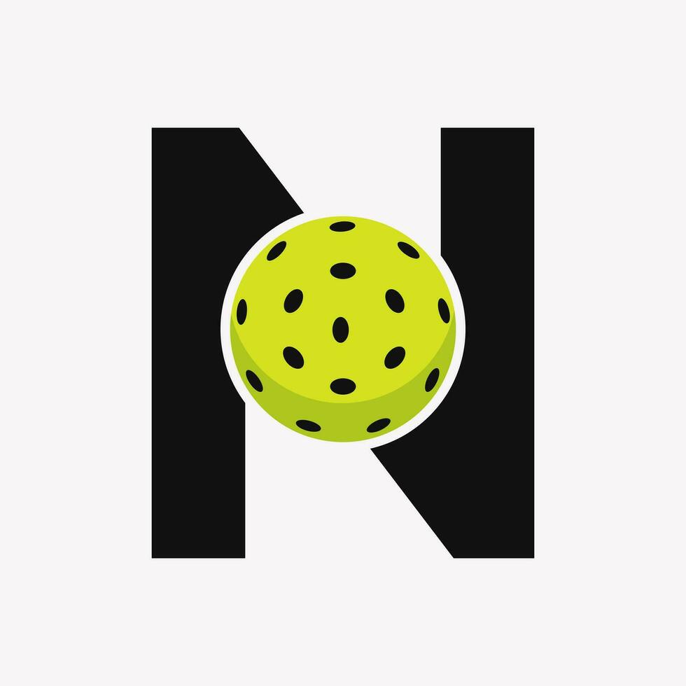 Pickleball Logo On Letter N Vector Template. Pickle Ball Logotype