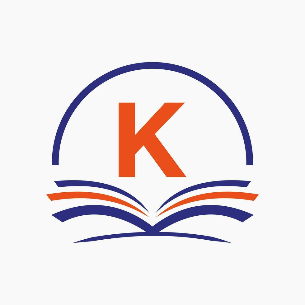 concepto de libro de logotipo de educación de letra k. signo de carrera de formación, universidad, diseño de plantilla de logotipo de graduación de academia vector