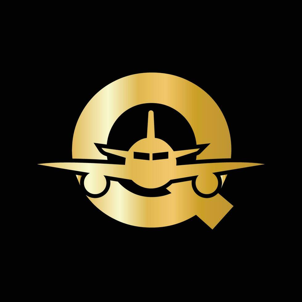 concepto de logotipo de viaje de letra q con símbolo de avión volador vector