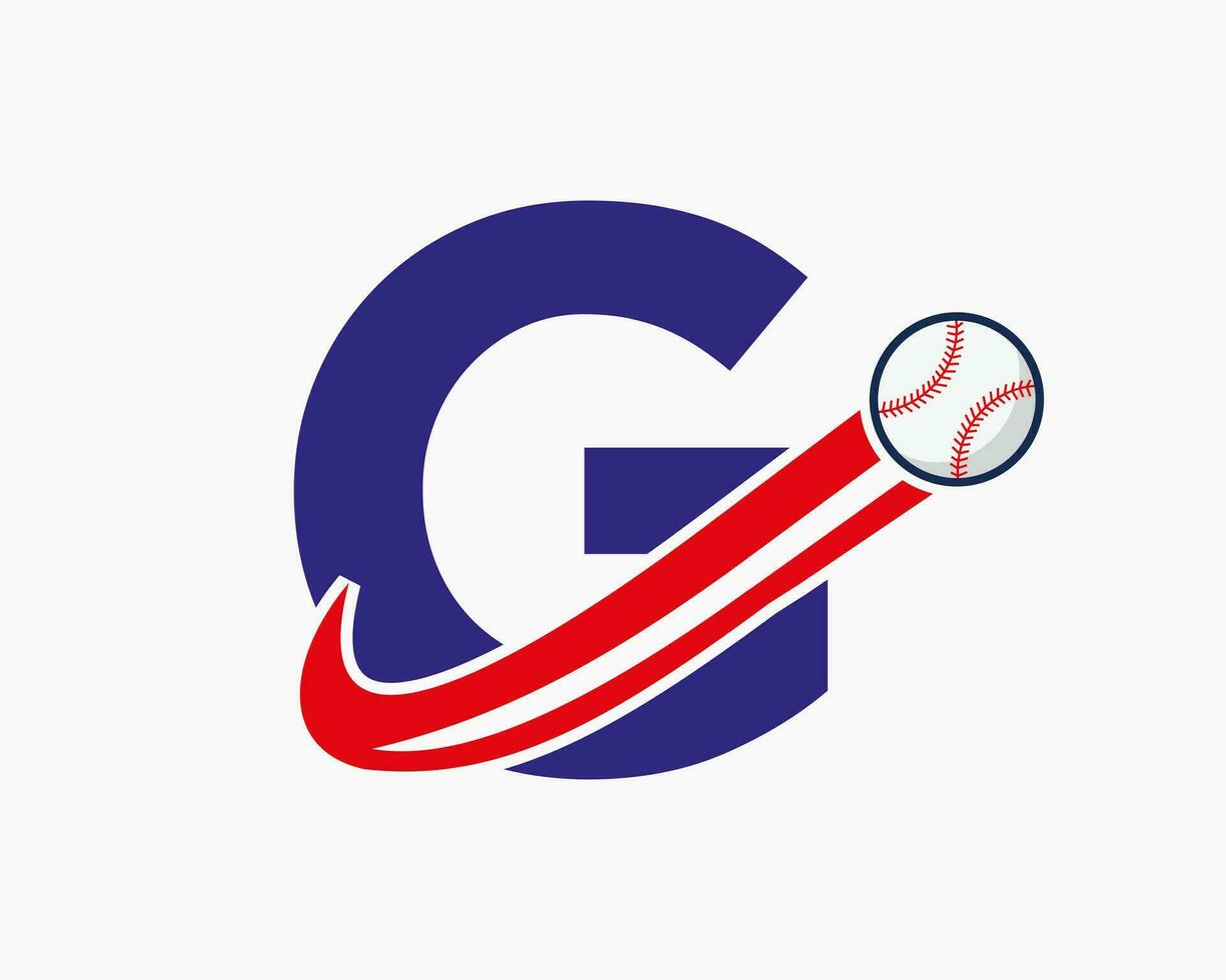 letra inicial g concepto de logotipo de béisbol con plantilla de vector de icono de béisbol en movimiento