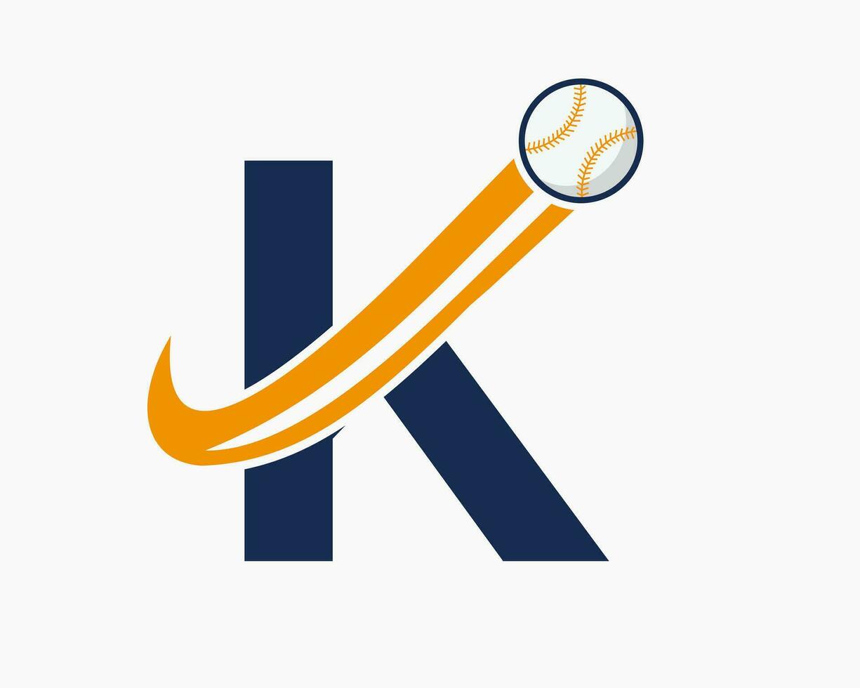letra inicial k concepto de logotipo de béisbol con plantilla de vector de icono de béisbol en movimiento
