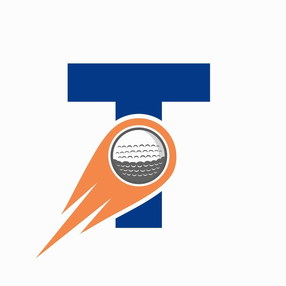 concepto de logotipo de golf con letra t con icono de pelota de golf en movimiento. plantilla de vector de símbolo de logotipo de deportes de hockey