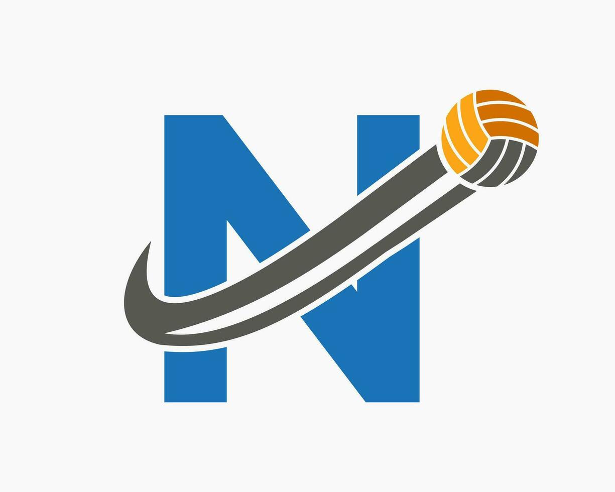 Letter N Volleyball Logo Concept With Moving Volley Ball Icon. Volleyball Sports Logotype Template vector