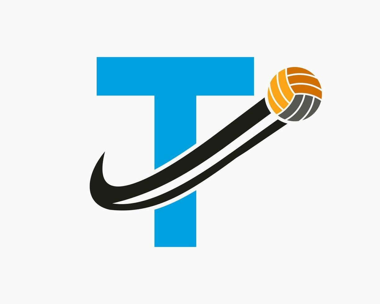 letra t vóleibol logo concepto con Moviente voleo pelota icono. vóleibol Deportes logotipo modelo vector