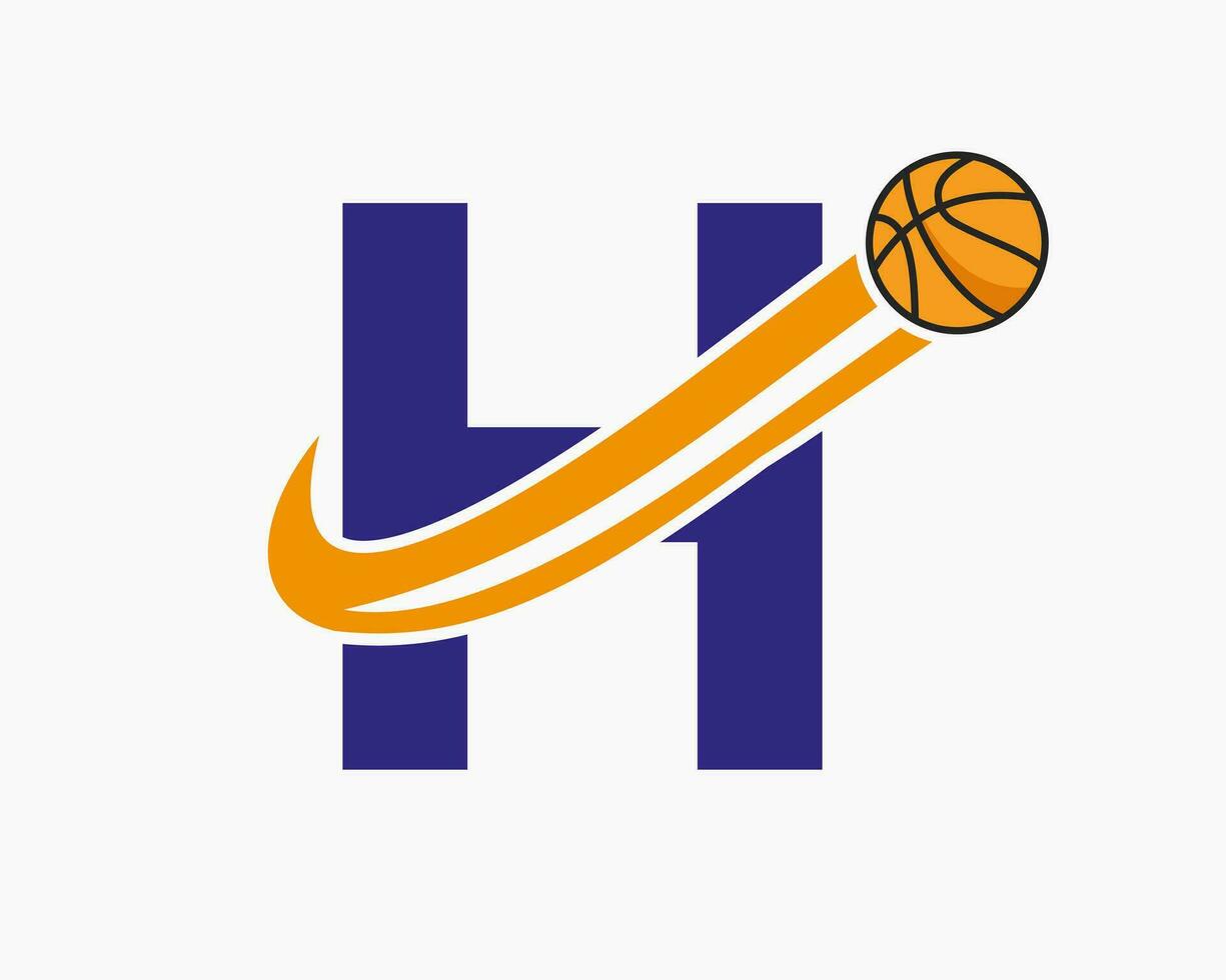 Initial Letter H Basketball Logo Concept With Moving Basketball Icon. Basket Ball Logotype Symbol vector
