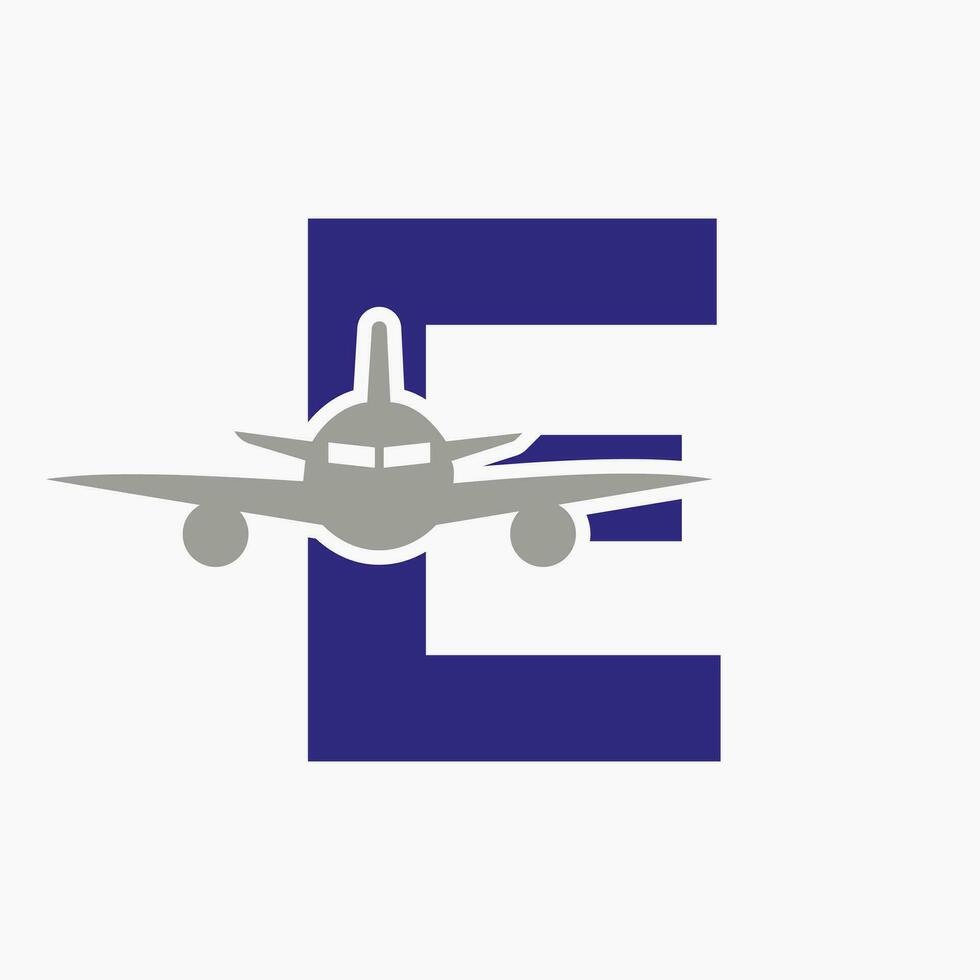 Initial Letter E Travel Logo Concept With Flying Air Plane Symbol vector