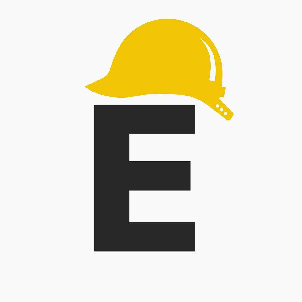 Letter E Helmet Construction Logo Concept With Safety Helmet Icon. Engineering Architect Logotype vector