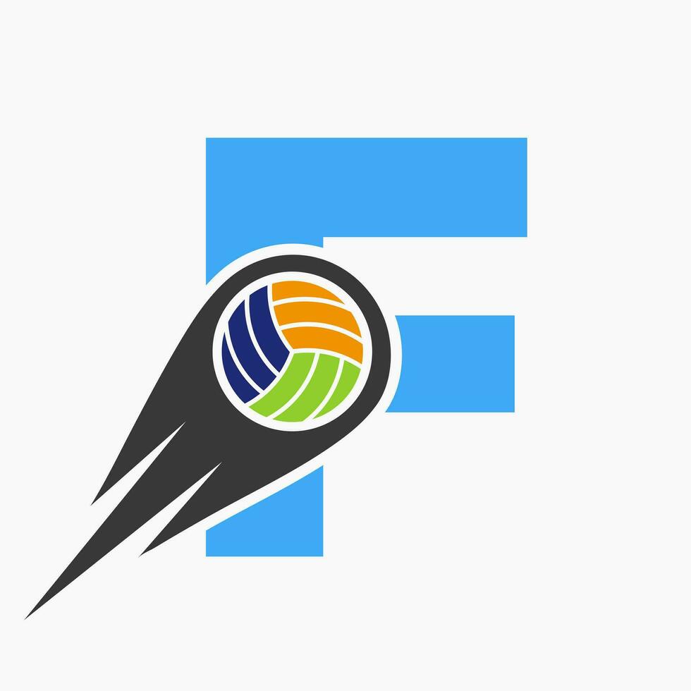 letra F vóleibol logo concepto con Moviente voleo pelota icono. vóleibol Deportes logotipo modelo vector