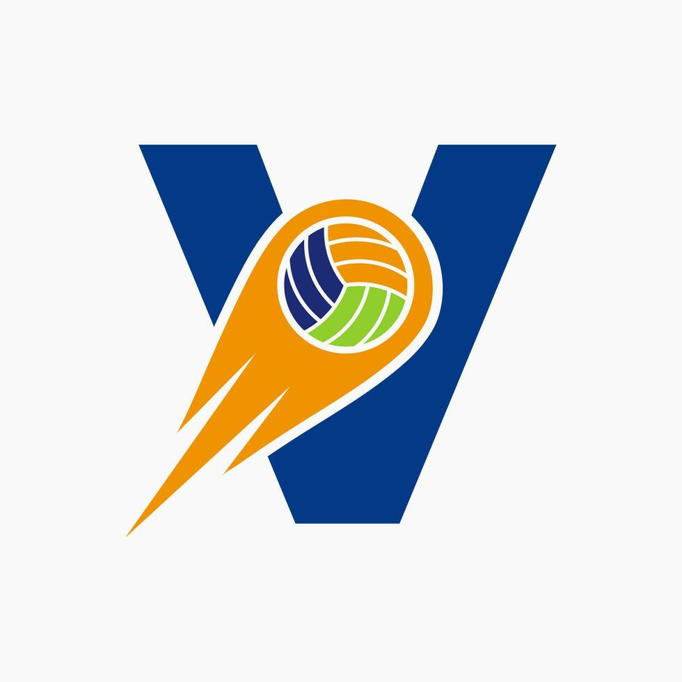 letra v vóleibol logo concepto con Moviente voleo pelota icono. vóleibol Deportes logotipo modelo vector