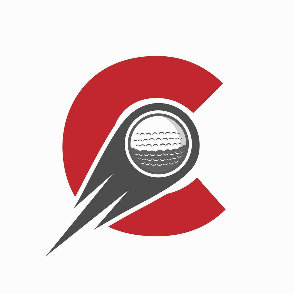 concepto de logotipo de golf con letra c con icono de pelota de golf en movimiento. plantilla de vector de símbolo de logotipo de deportes de hockey