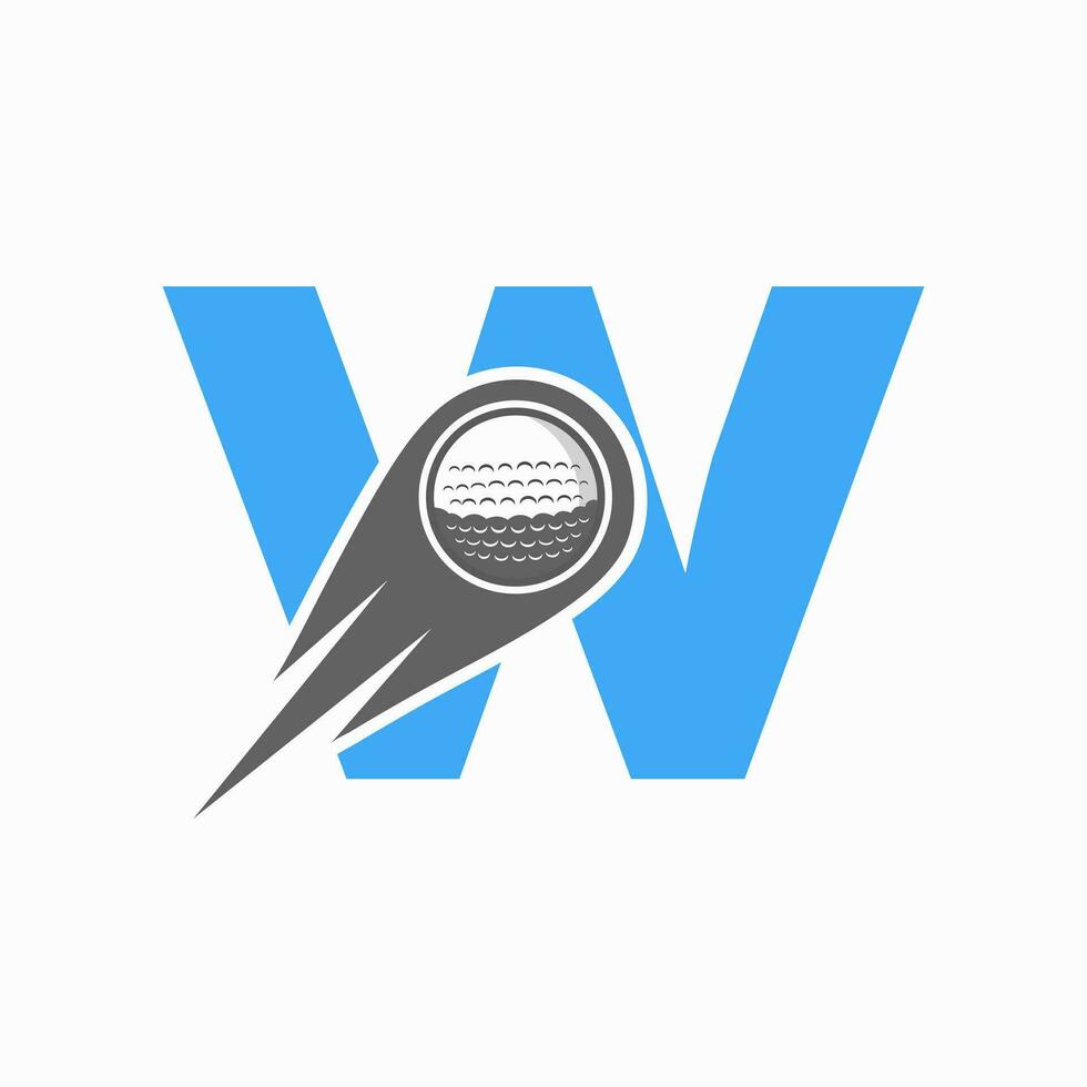 letra w concepto de logotipo de golf con icono de pelota de golf en movimiento. plantilla de vector de símbolo de logotipo de deportes de hockey