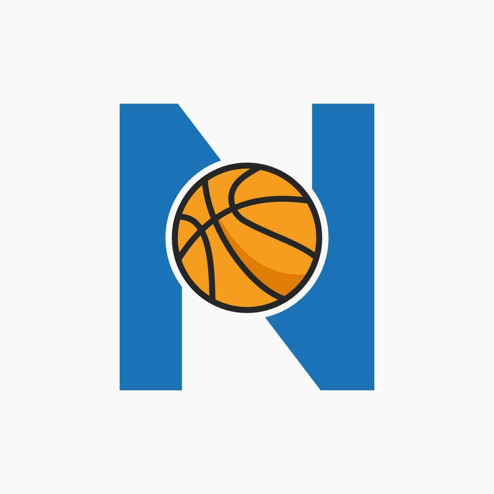 Basketball Logo On Letter N Concept. Basket Club Symbol Vector Template