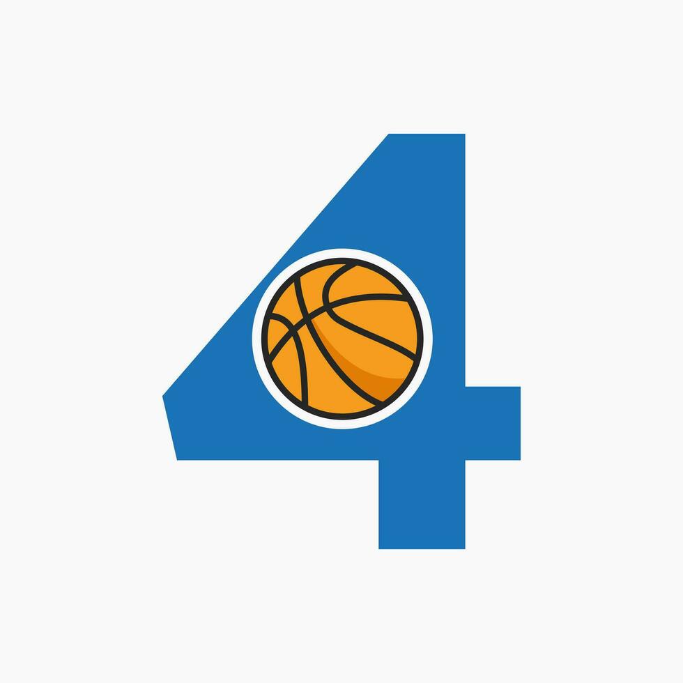 Basketball Logo On Letter 4 Concept. Basket Club Symbol Vector Template