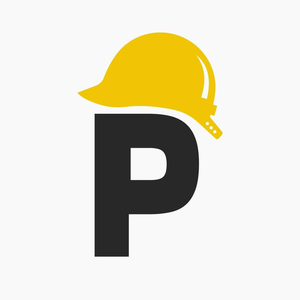 Letter P Helmet Construction Logo Concept With Safety Helmet Icon. Engineering Architect Logotype vector