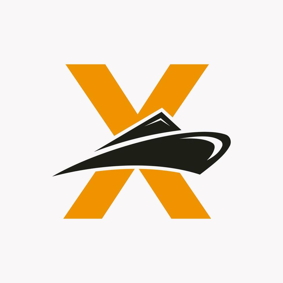 Letter X Cruise Ship Logo Boat Icon. Yacht Symbol, Marine Logotype Vector Template