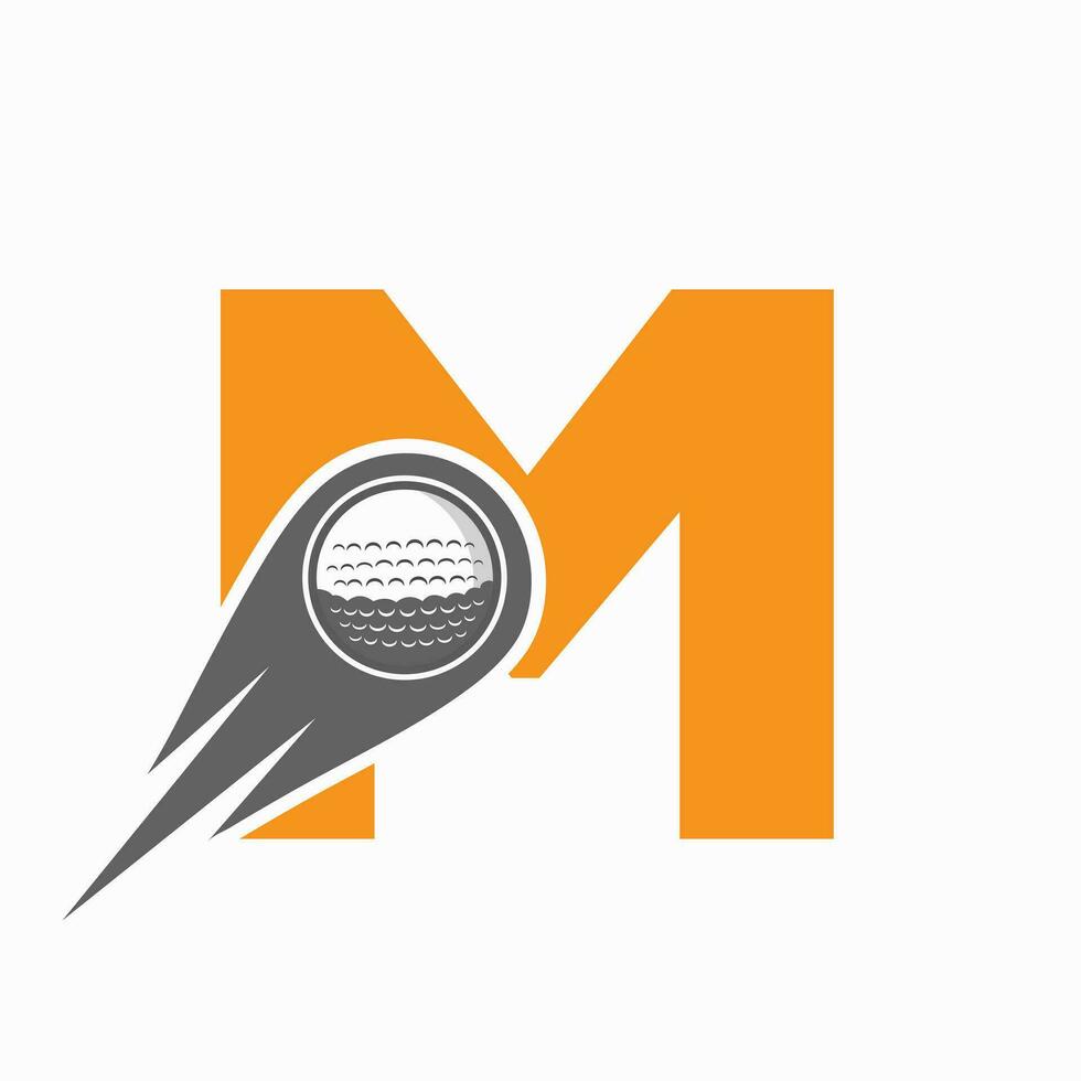 letra m concepto de logotipo de golf con icono de pelota de golf en movimiento. plantilla de vector de símbolo de logotipo de deportes de hockey