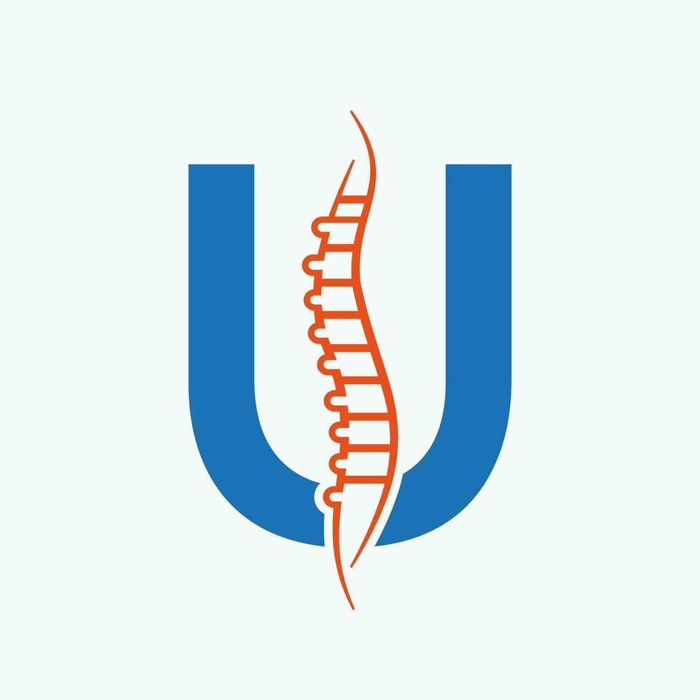 Letter U Orthopedic Health Bone Logo Design With Back Bone Icon. Bone Health Logo Sign vector