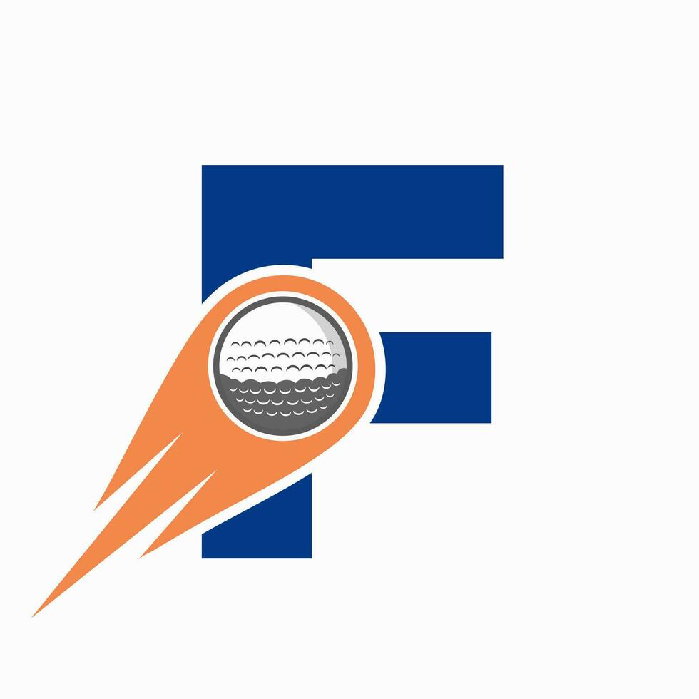 concepto de logotipo de golf con letra f con icono de pelota de golf en movimiento. plantilla de vector de símbolo de logotipo de deportes de hockey