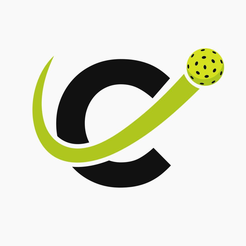 Letter C Pickleball Logo Concept With Moving Pickle Ball Symbol. Pickle Ball Logotype vector