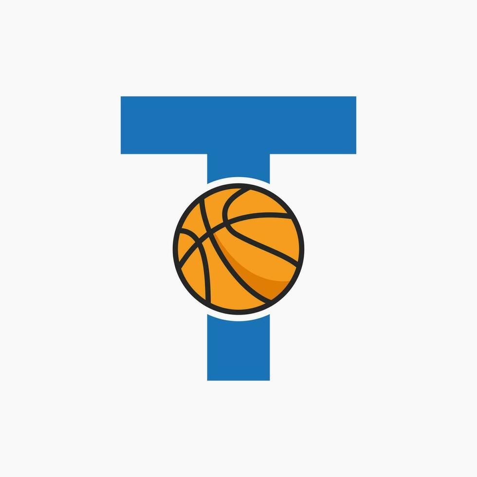 Basketball Logo On Letter T Concept. Basket Club Symbol Vector Template