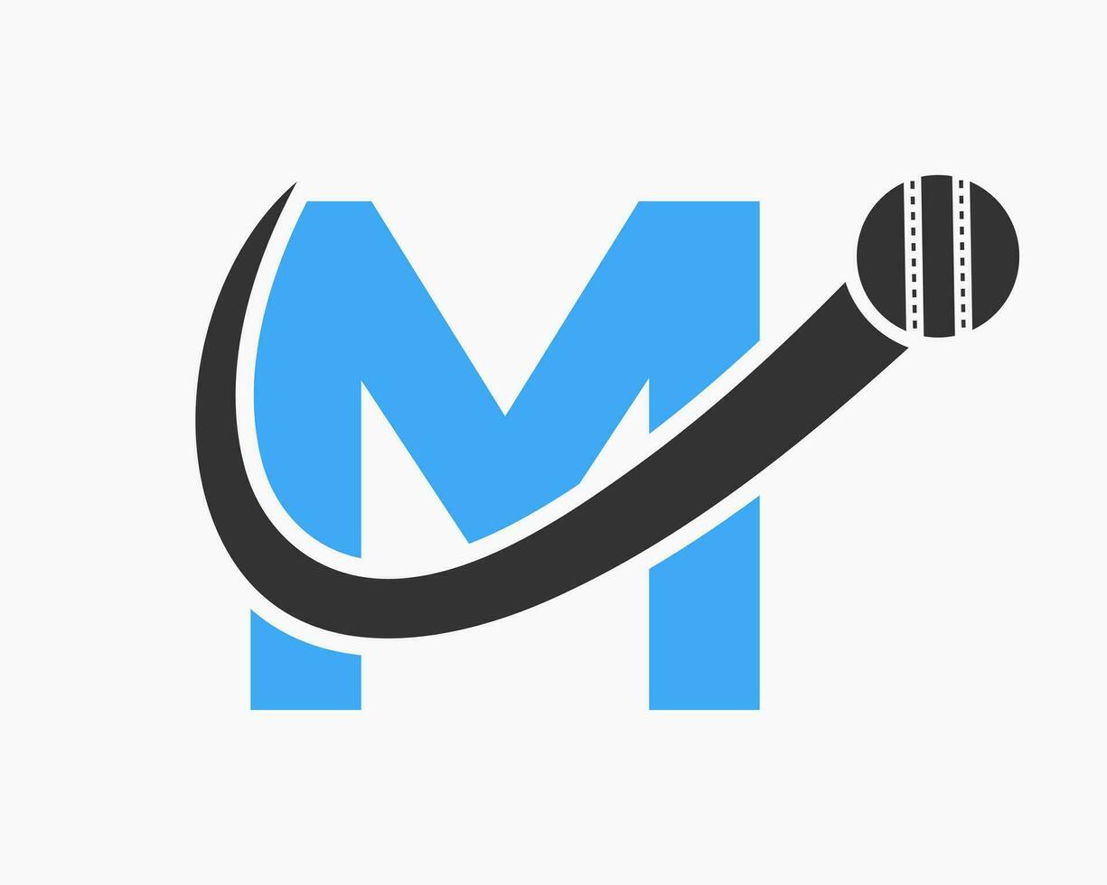 Letter M Cricket Logo Concept With Moving Ball Icon For Cricket Club Symbol. Cricketer Sign vector