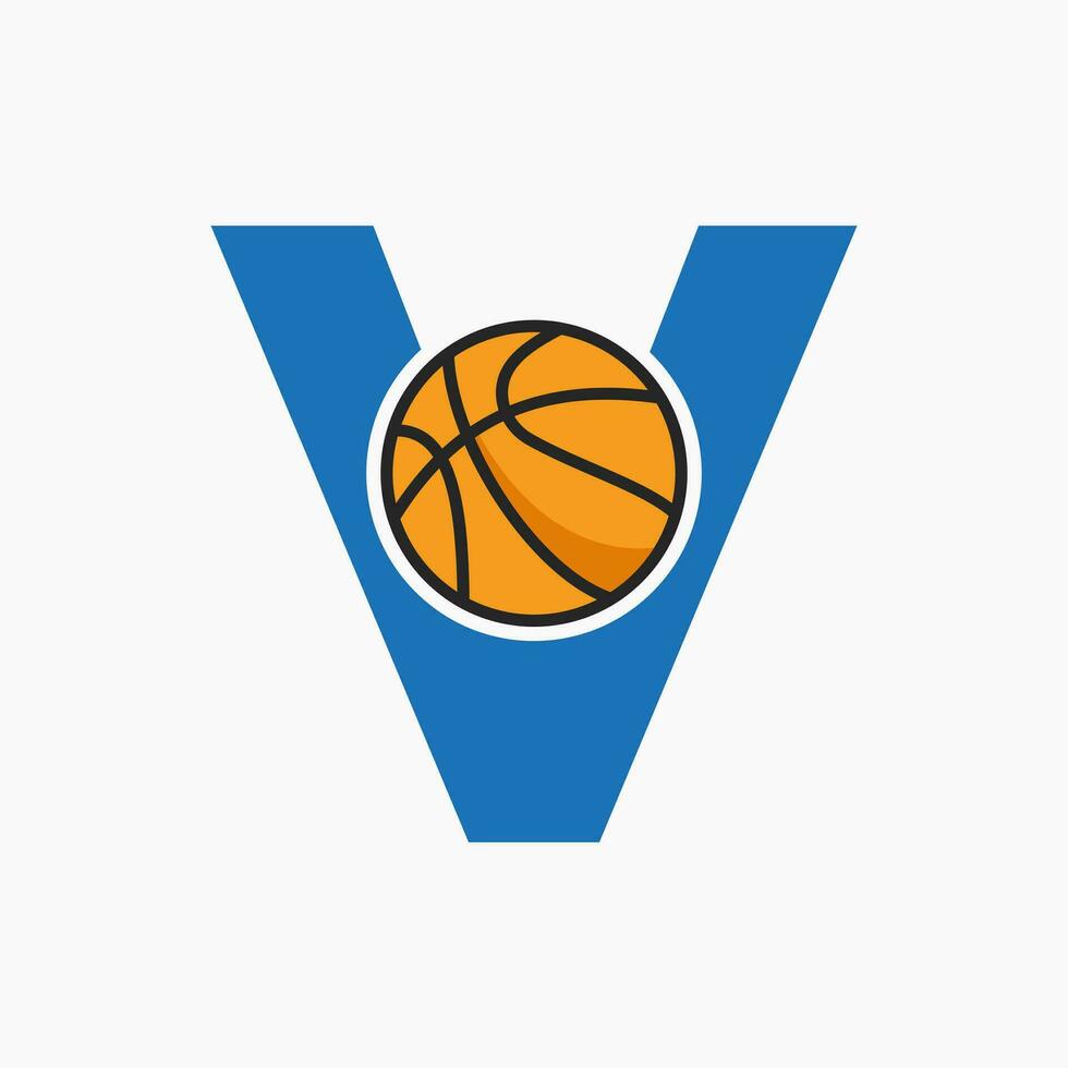 Basketball Logo On Letter V Concept. Basket Club Symbol Vector Template