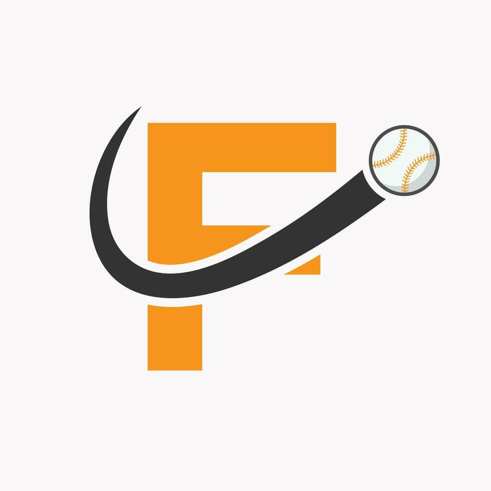 concepto de logotipo de béisbol letra f con plantilla de vector de icono de béisbol en movimiento