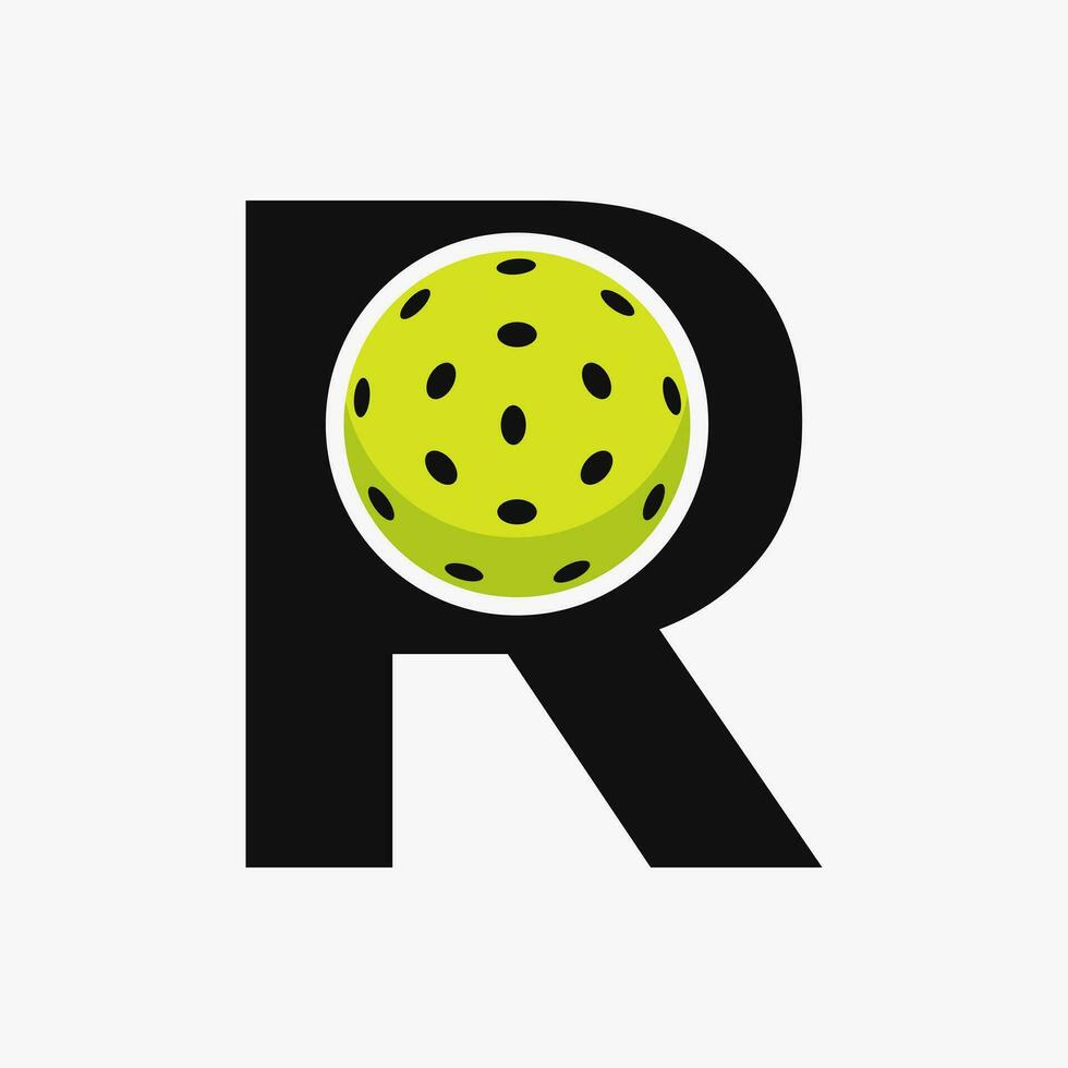 pickleball logo en letra r vector modelo. pepinillo pelota logotipo