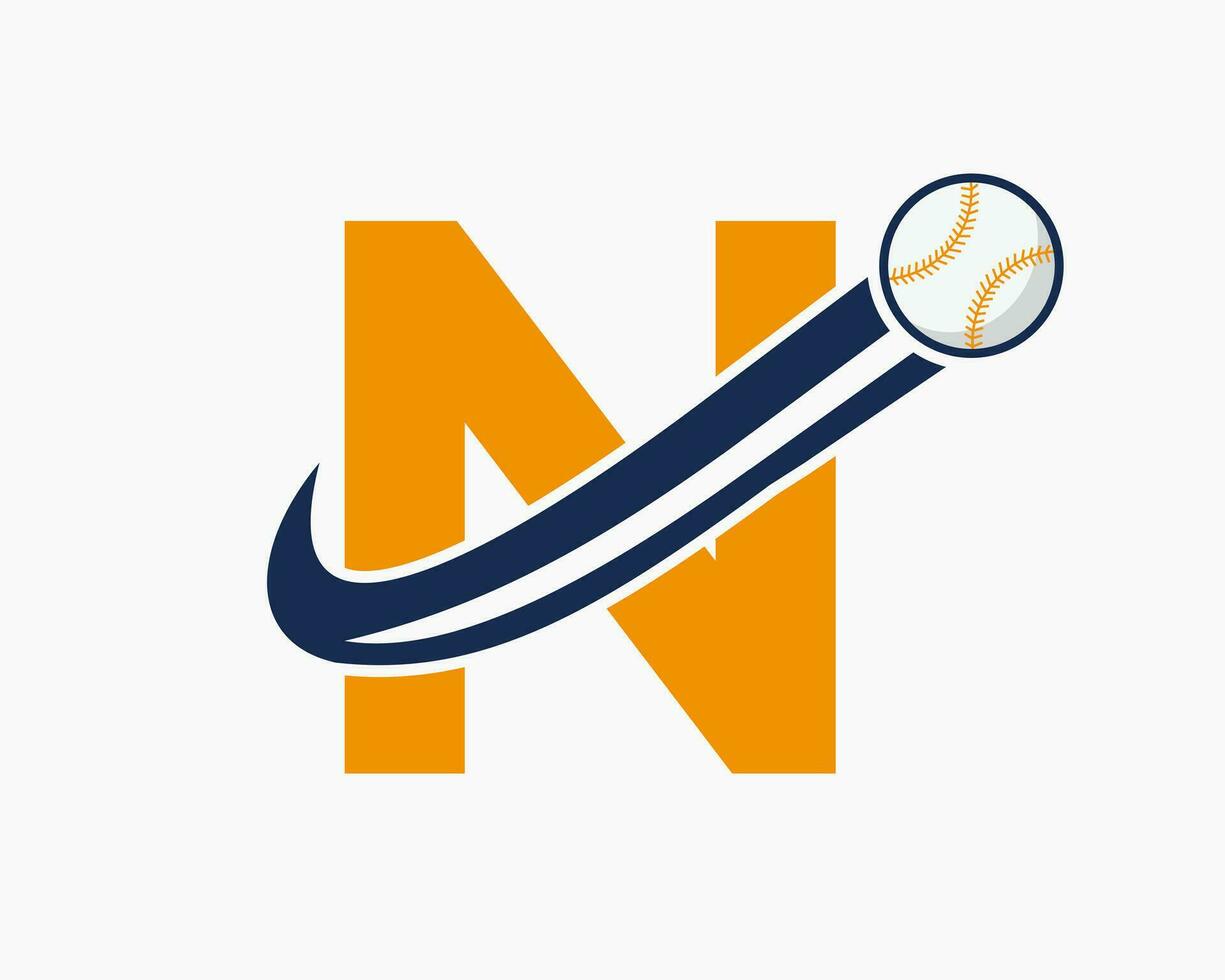 letra inicial n concepto de logotipo de béisbol con plantilla de vector de icono de béisbol en movimiento