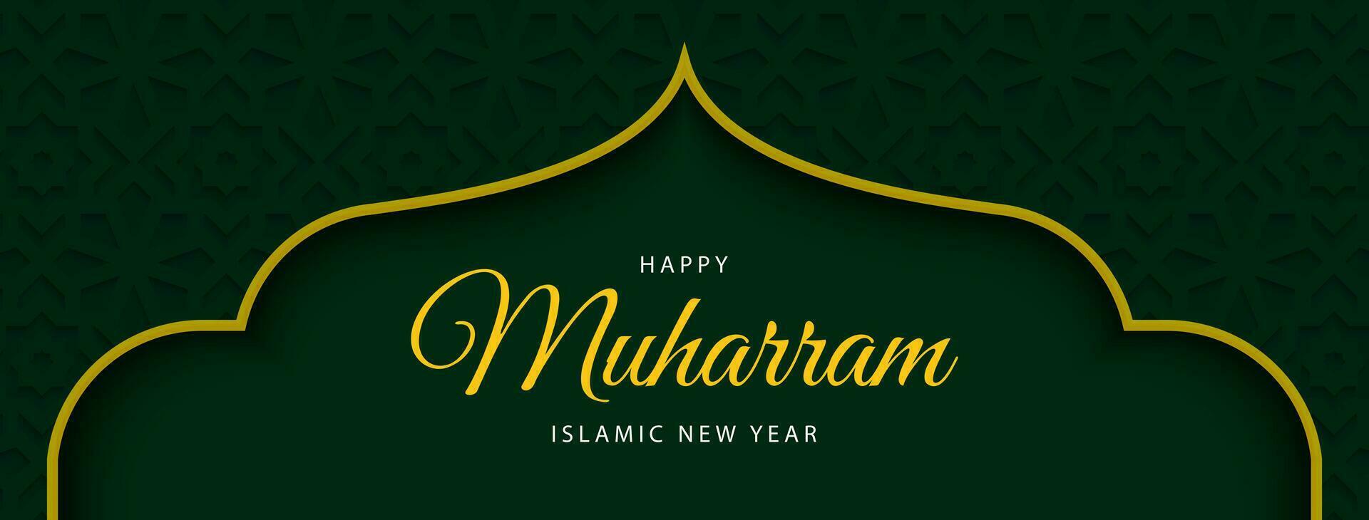 Happy Muharram islamic new year background. Hijri new year design on green background. Muslim festival banner template. Vector illustration.