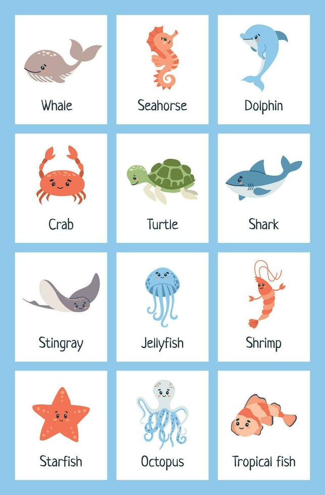 mar animal tarjetas didácticas aprendizaje Oceano vocabulario. mar criaturas imprimible tarjetas animal enseñando palabras preescolar hojas de trabajo Inglés nombre con dibujos animados animales colocar. tarjeta juegos para niños. vector. vector