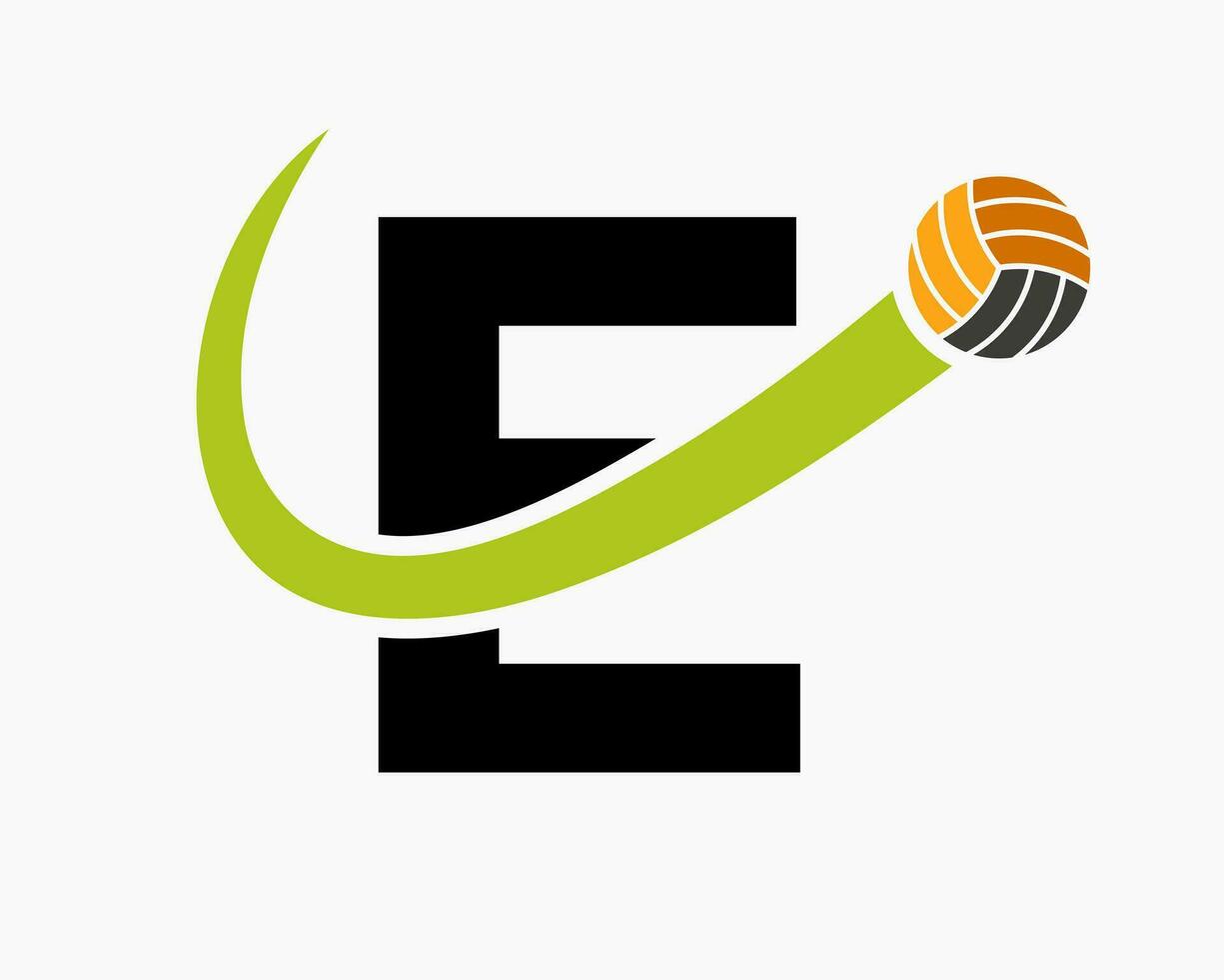 Letter E Volleyball Logo Concept With Moving Volley Ball Icon. Volleyball Sports Logotype Template vector