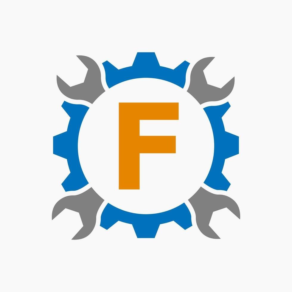 letra F reparar logo engranaje tecnología símbolo. construcción Servicio logo diseño vector