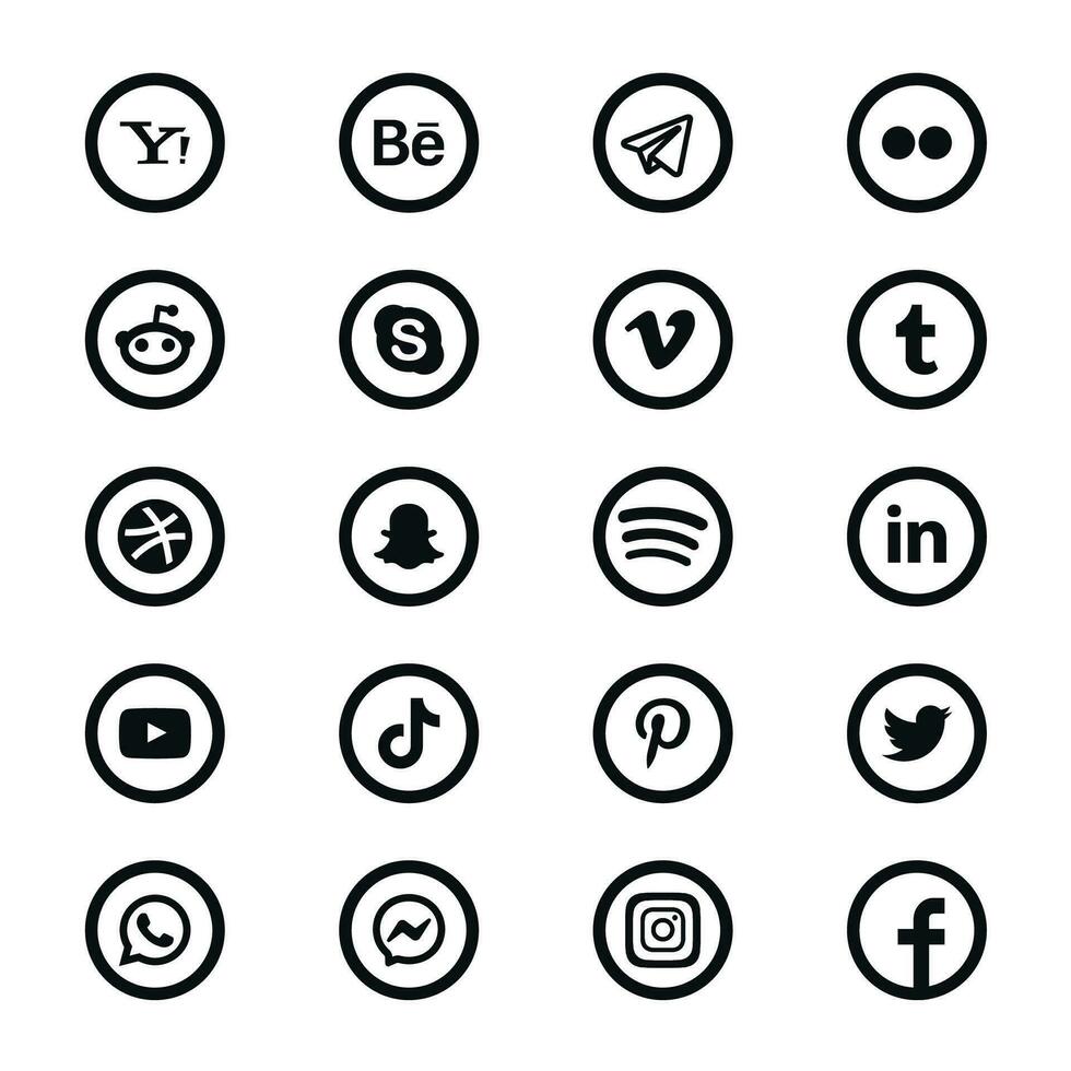 Social media logo icons set vector. Facebook Instagram Messenger WhatsApp Twitter Pinterest Youtube LinkedIn Spotify Snapchat Tumblr Vimeo Skype Dribble Telegram - Zurich, Switzerland, 26.06.23. vector