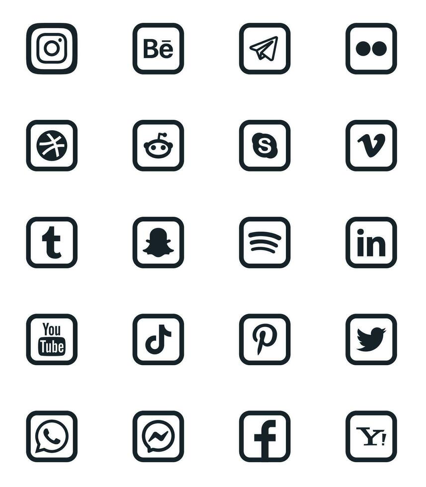 Social media logo icons set vector. Facebook Instagram Messenger WhatsApp Twitter Pinterest Youtube LinkedIn Spotify Snapchat Tumblr Vimeo Skype Dribble Telegram - Zurich, Switzerland, 26.06.23. vector