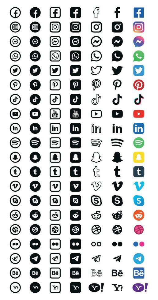 Social media logo icons set vector. Facebook Instagram Messenger WhatsApp Twitter Pinterest Tiktok Youtube LinkedIn Spotify Snapchat Tumblr Vimeo Skype Reddit Dribble FlickrTelegram Behance Yahoo. vector