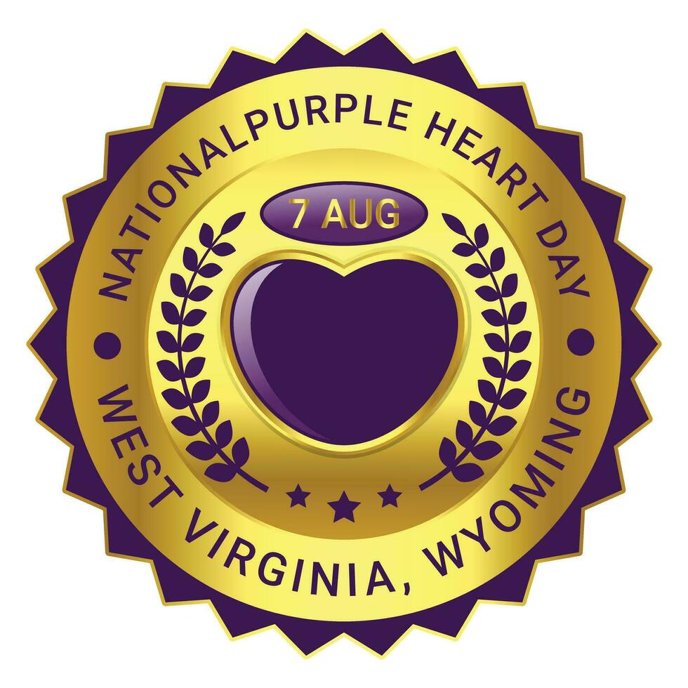 nacional púrpura corazón día evento en 7mo de agosto etiqueta diseño, Insignia diseño, emblema, bandera, t camisa, logo, brillante y lustroso Insignia diseño vector ilustración