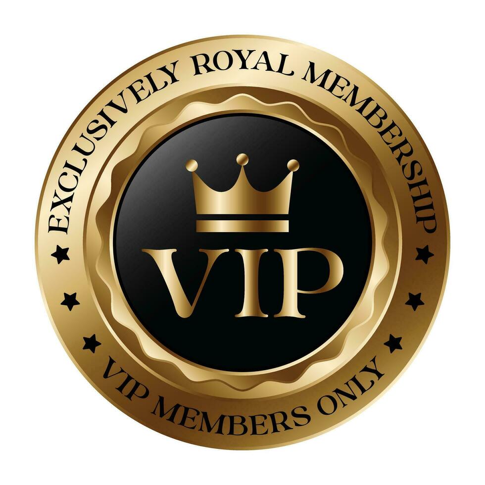 Glossy VIP Black Glass Label With Gold Crown, VIP Membership For Night Club, Luxury Badge Template, Premium Member, King And Queen Crown Icon, Royal Design Element vector