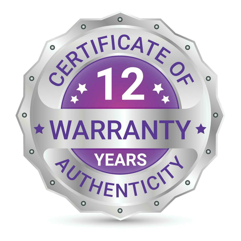 12 Years Warranty Glossy And Shiny Silver Metallic Badge Design, Label, Seal, 12 Years Certificate Of Authenticity, Twelve Years Warranty Badge Vector Illustration