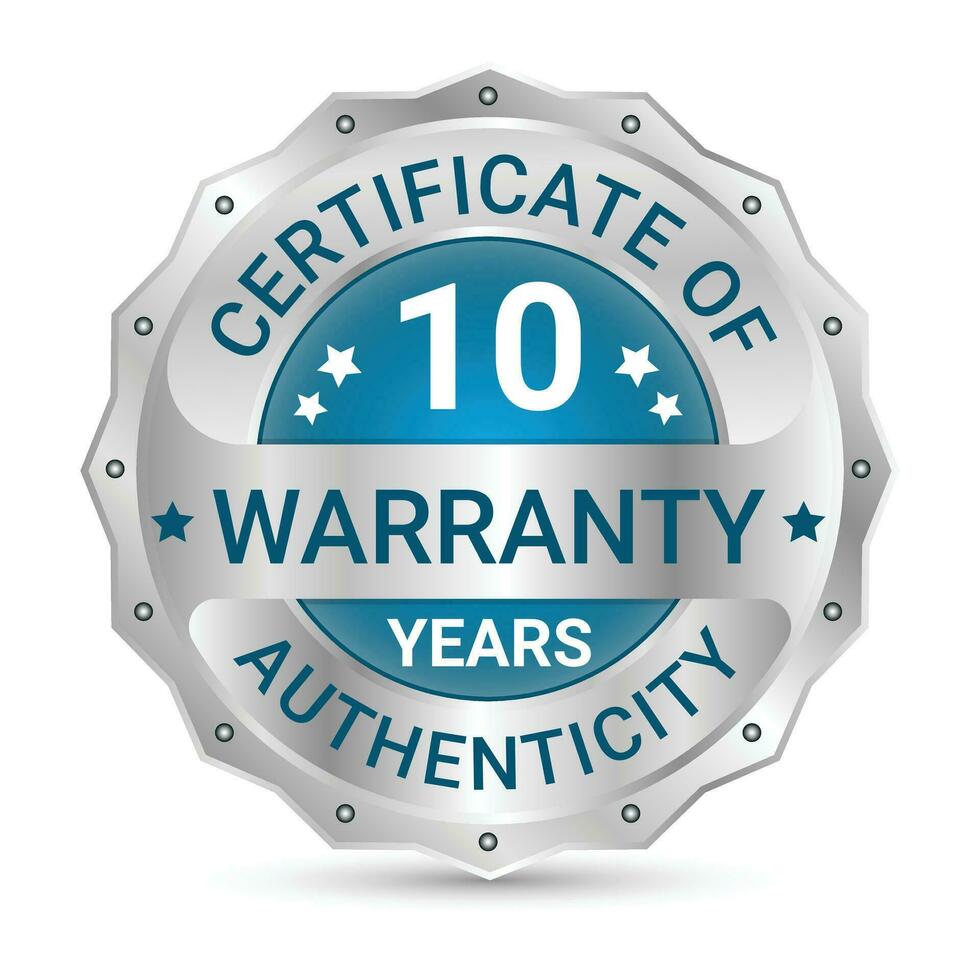 10 Years Warranty Glossy And Shiny Silver Metallic Badge Design, Label, Seal, 10 Years Certificate Of Authenticity, Ten Years Warranty Badge Vector Illustration