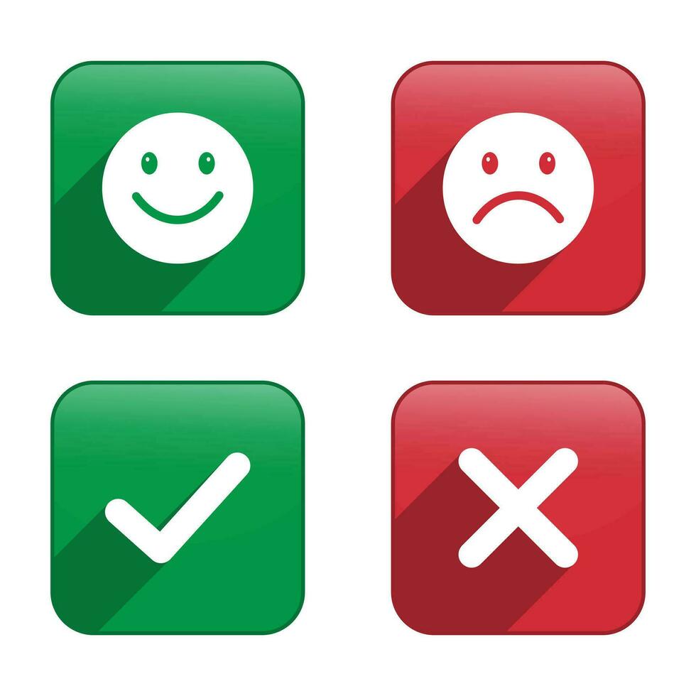 Glossy Happy And Sad Faces, True And False Check Mark, Tick And Cross, Yes And No Check Marks On Circle, Green And Red Color For Good Mood And Bad Mood Emoticon Vector Illustration