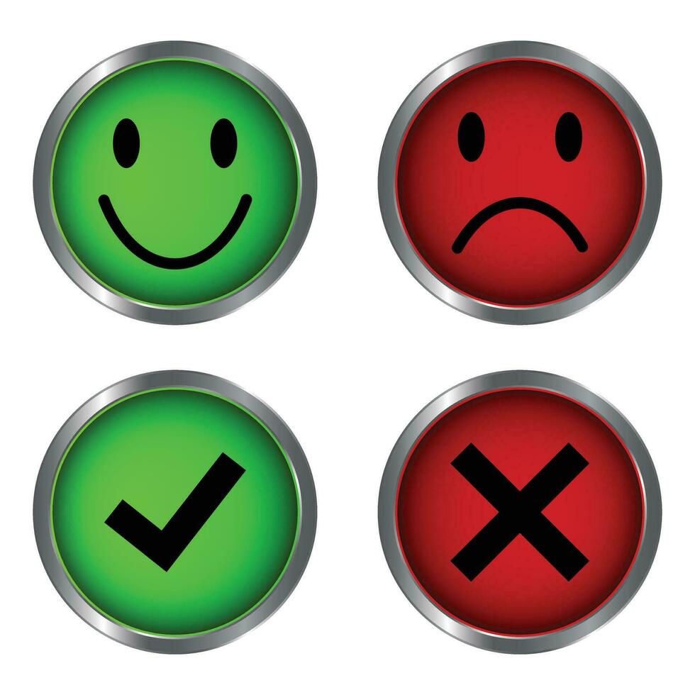 Glossy Happy And Sad Faces, True And False Check Mark, Tick And Cross, Yes And No Check Marks On Circle, Green And Red Color For Good Mood And Bad Mood Emoticon Vector Illustration