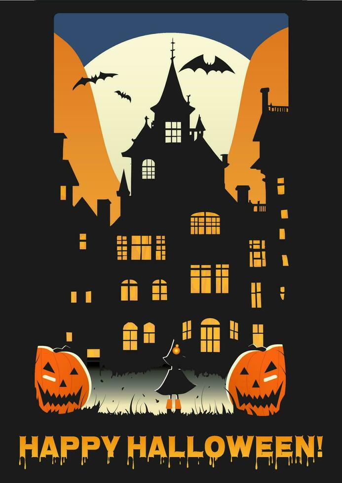 Halloween party poster, vector celebration banner, greeting, invitation with Halloween holiday with creepy house silhouette, witch, pumpkins, moon and bats around.