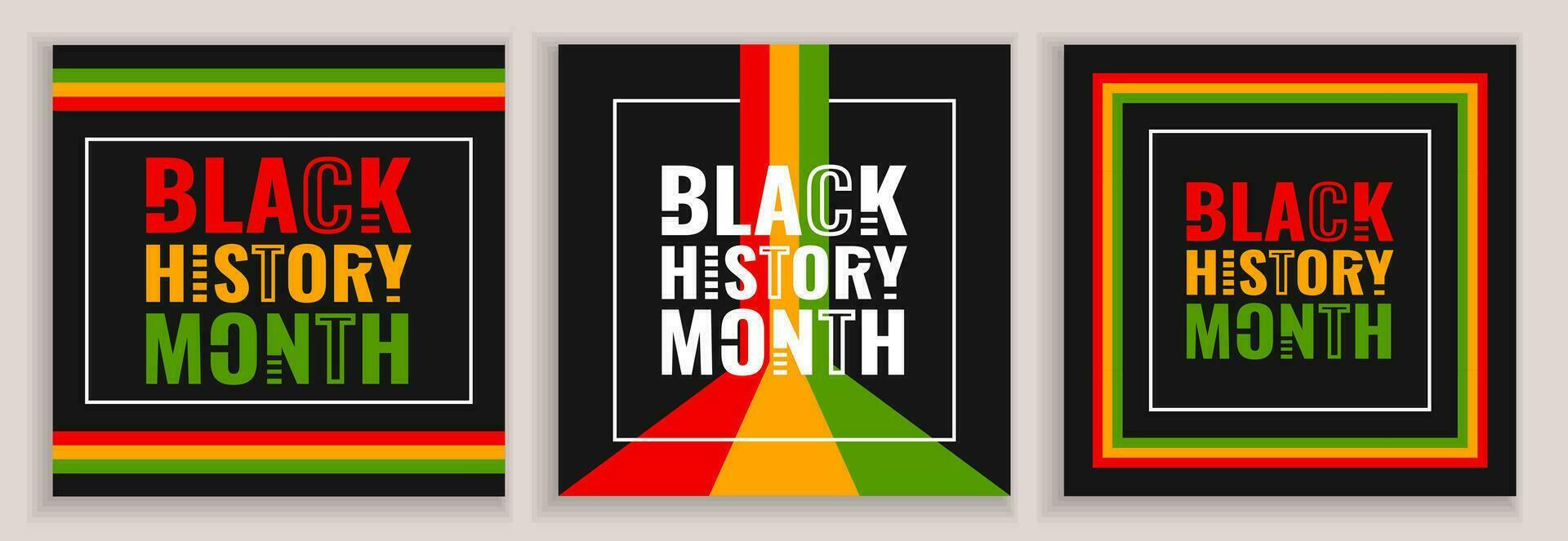 Black History Month square posters with line decoration, bright colors and text on a black background. vector