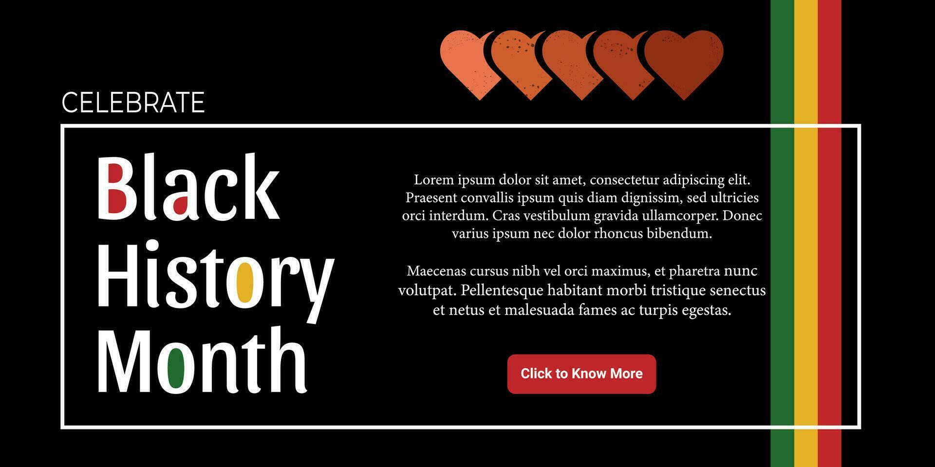Black History Month web banner with line decoration, bright colors, hearts and text on a black background. vector